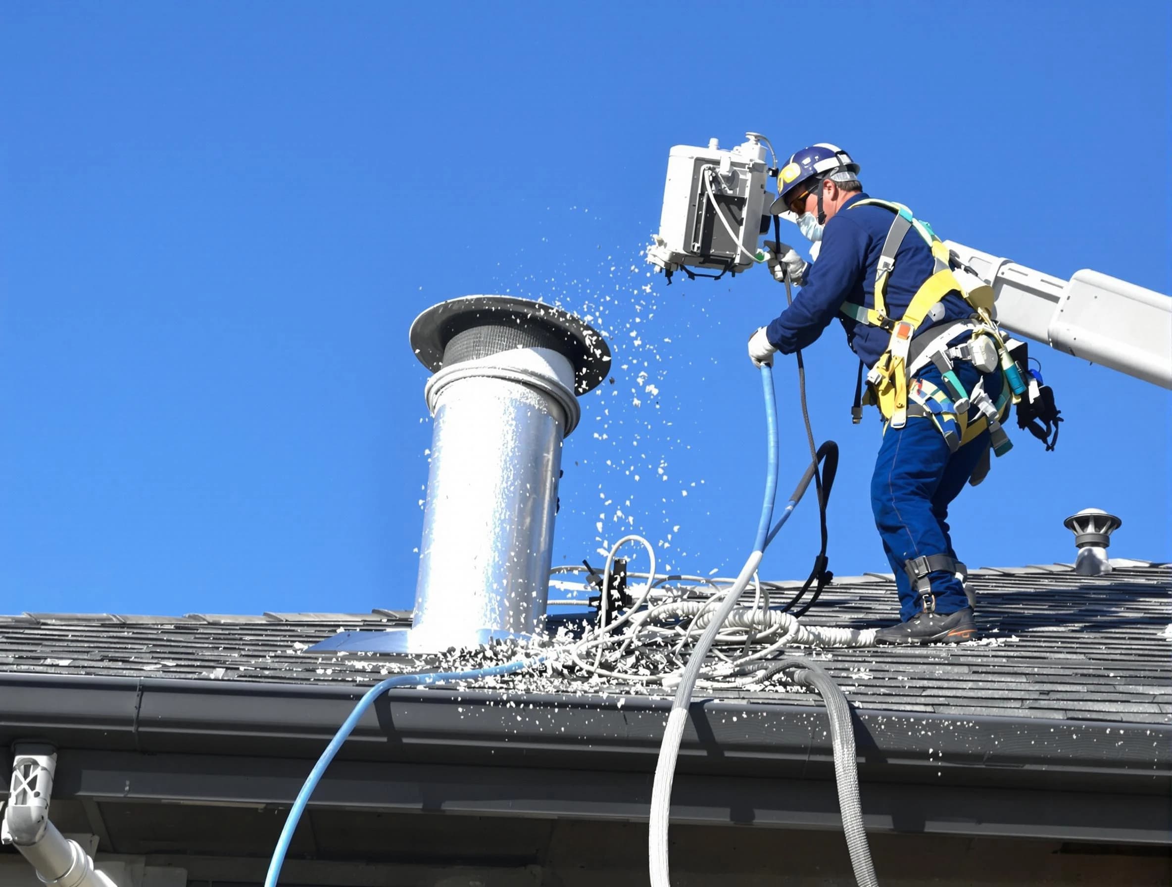 Hapeville Dryer Vent Cleaning certified technician safely cleaning a roof-mounted dryer vent in Hapeville