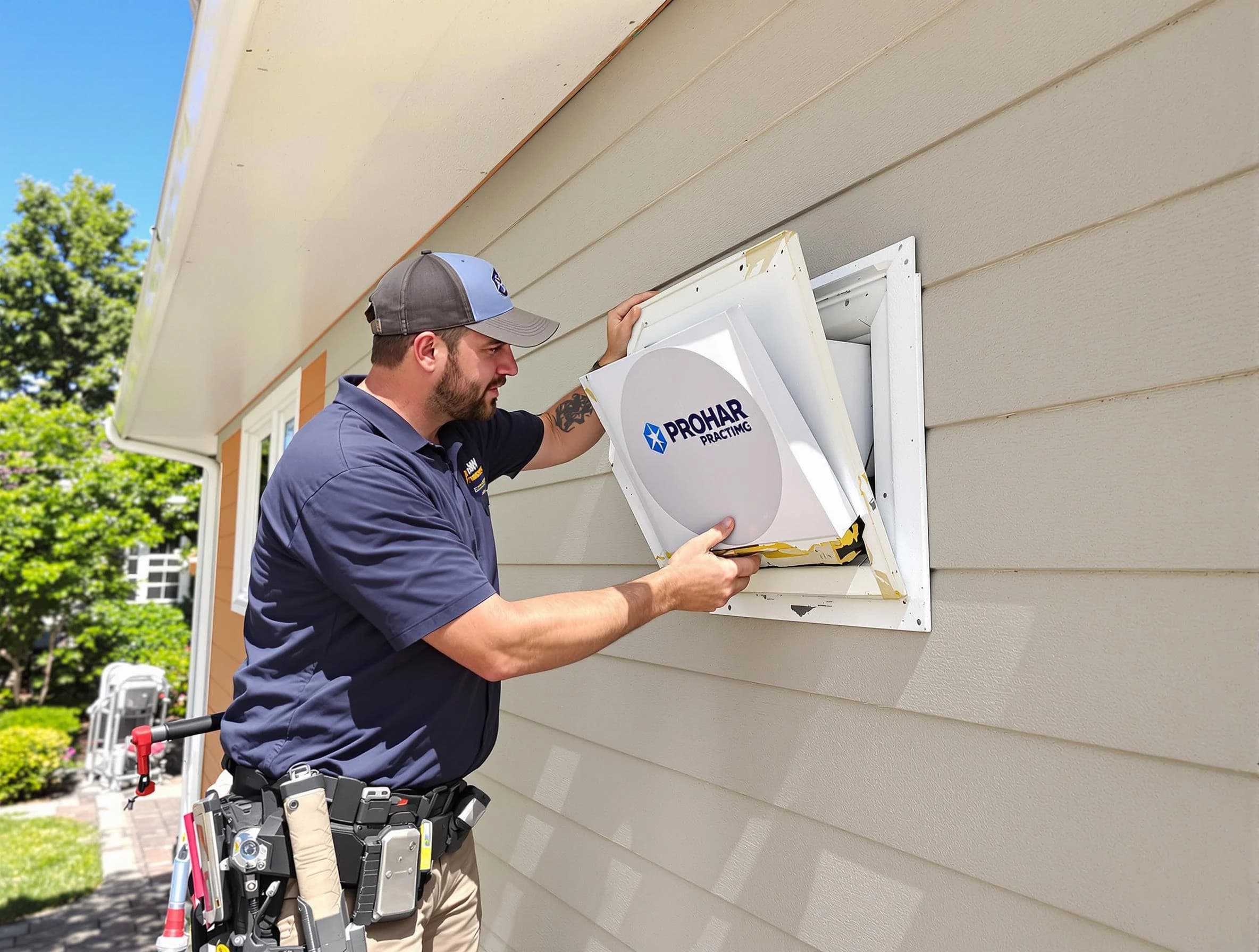 Hapeville Dryer Vent Cleaning technician installing a new protective dryer vent cover on a home in Hapeville