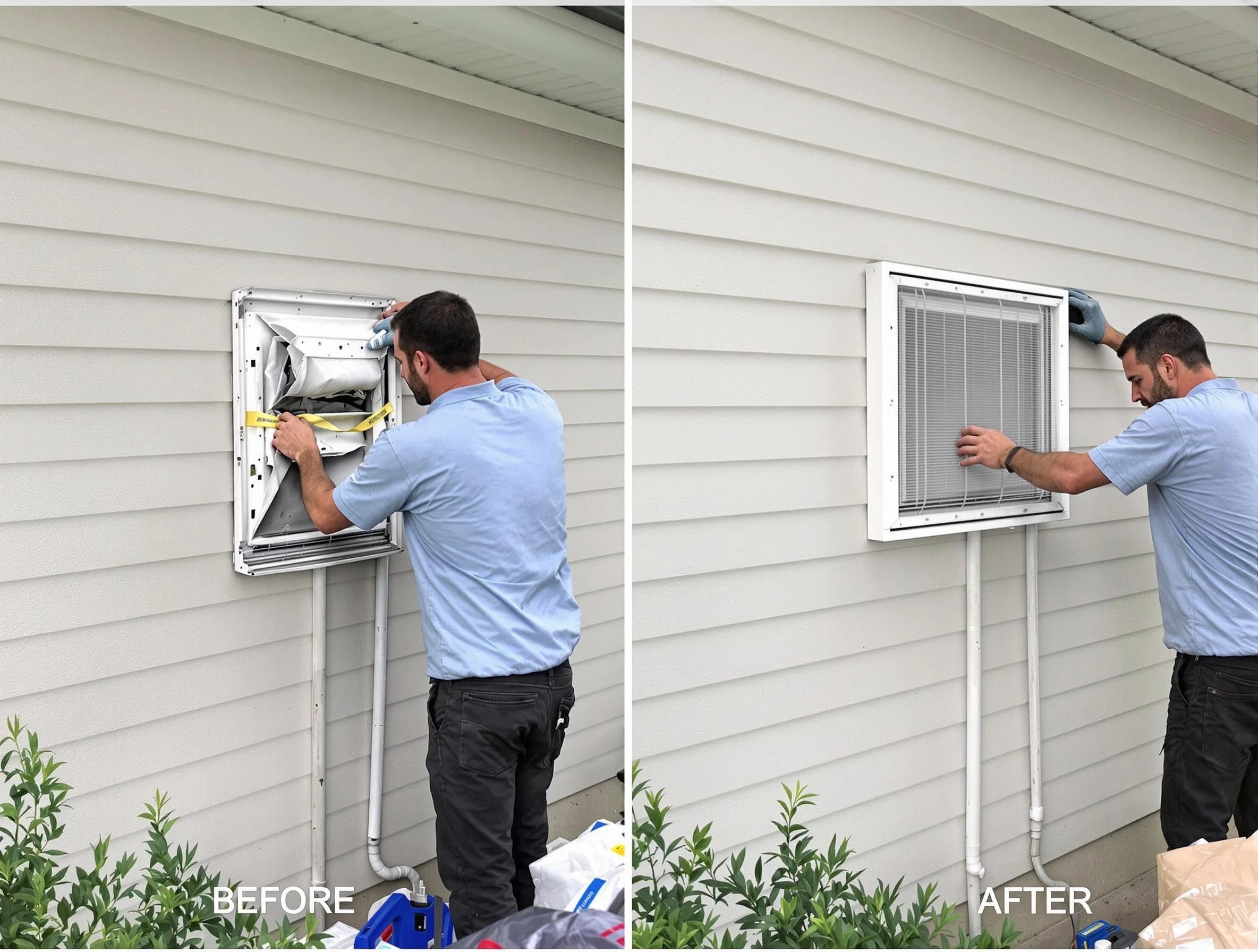Hapeville Dryer Vent Cleaning technician installing high-quality dryer vent cover at a residential property in Hapeville